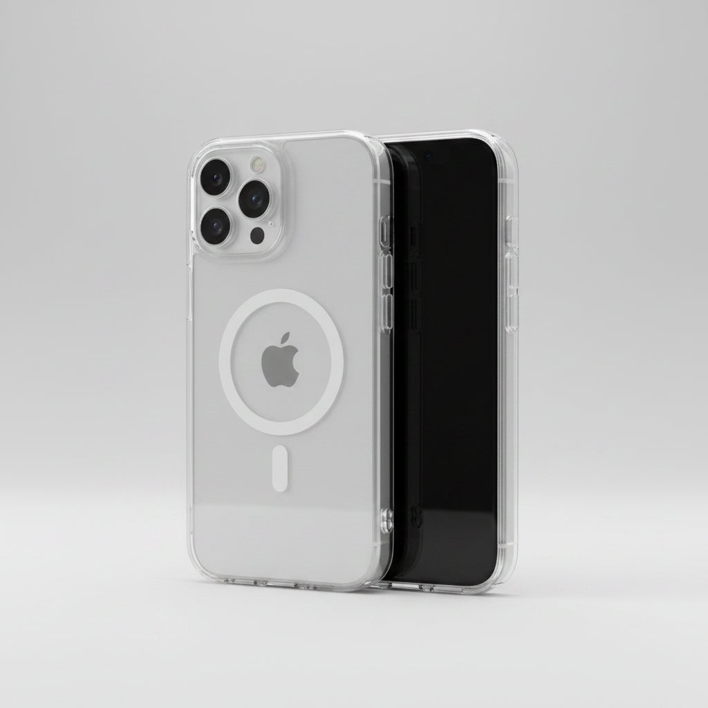 A clear protective phone case with a raised MagSafe ring and camera cutout, shown on a silver iPhone from the back alongside a black iPhone showing the side profile, on a white background.
