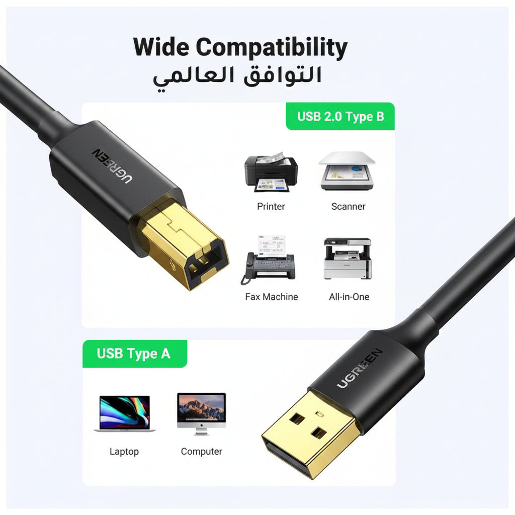 UGREEN USB Type A to USB Type B adapter cable shown on a white background with compatibility text and small device icons for printer, scanner, fax machine, all-in-one, laptop, and computer. الصورة الرئيسية