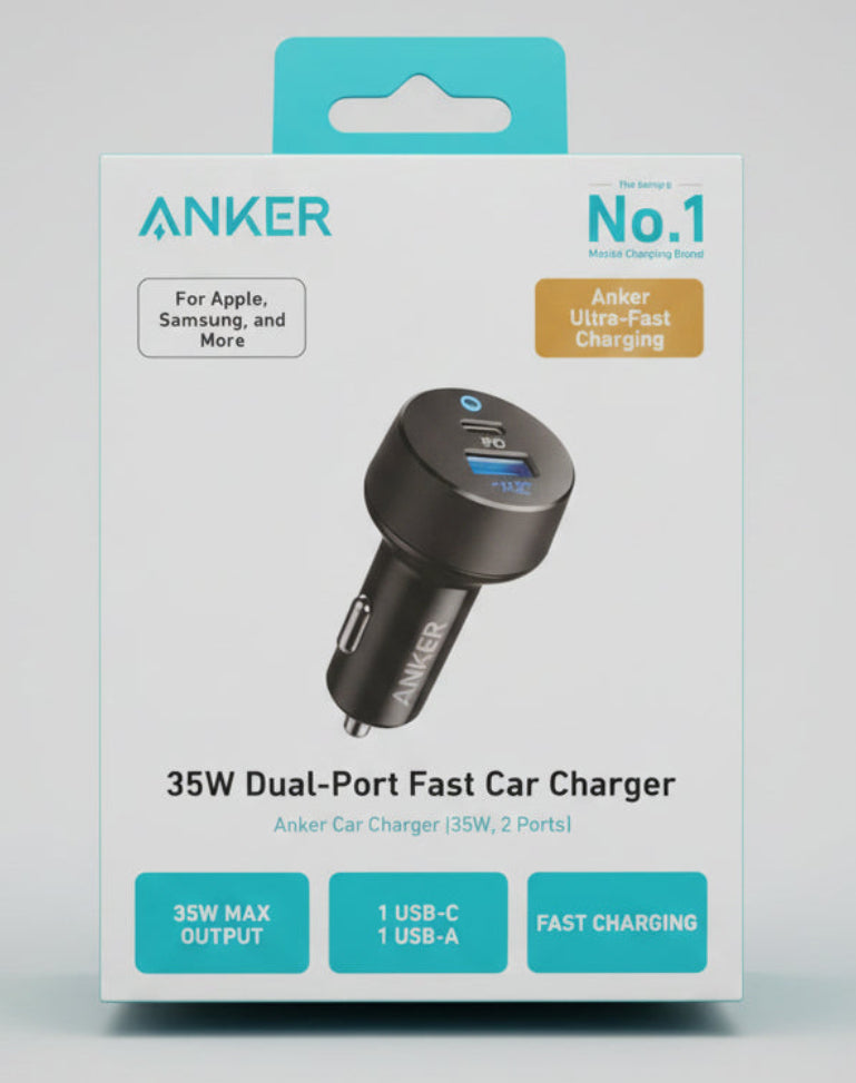 A hand holding an ANKER 35W Dual-Port Fast Car Charger retail box in a store setting. The white packaging features a photo of the black charger and blue branding accents. الصورة الرئيسية