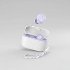 Purple wireless earbuds with charging case on a light blue background, displaying battery life information.