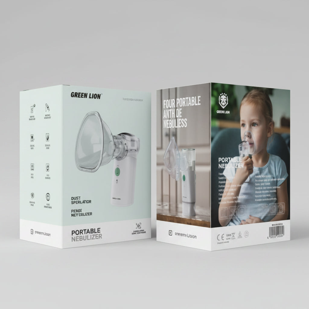 Two packaging boxes for a portable nebulizer with product images and text on a white background.