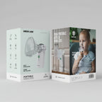 Two packaging boxes for a portable nebulizer with product images and text on a white background.