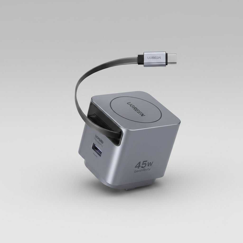 UGREEN Nexfinity Pro 45W USB-C fast charger with multiple ports, shown with a USB-C cable and promotional text on a white background.