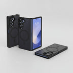 Black Samsung Galaxy S24 Ultra protective case shown from multiple angles, featuring a circular MagSafe-compatible magnetic ring on the back, a reinforced camera cutout, and a slim profile.