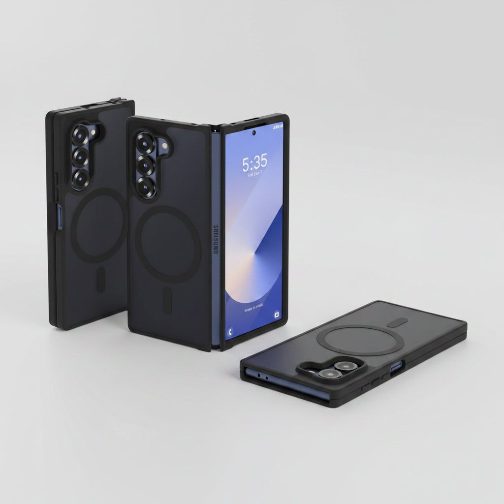 Black Samsung Galaxy S24 Ultra protective case shown from multiple angles, featuring a circular MagSafe-compatible magnetic ring on the back, a reinforced camera cutout, and a slim profile.