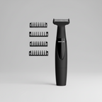 Black electric trimmer with four interchangeable guide combs on a plain white background.