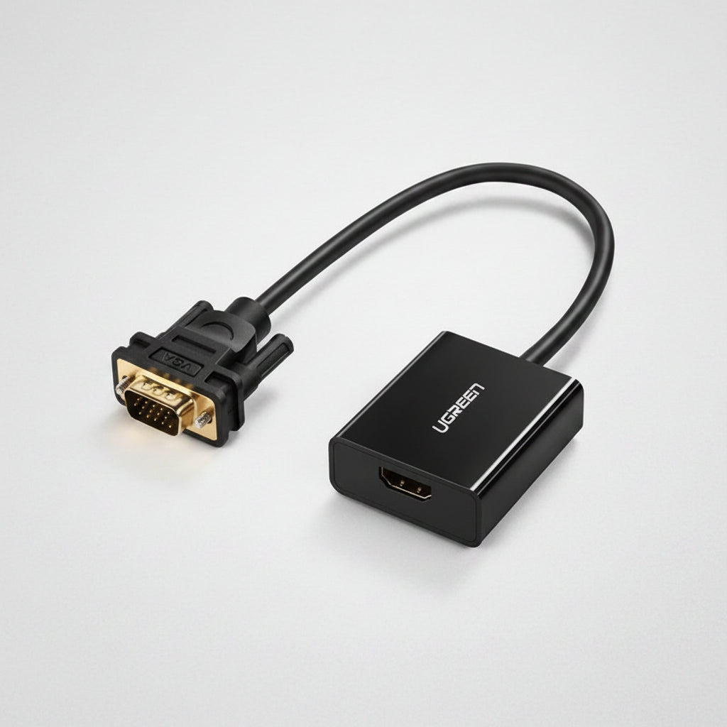 UGREEN HDMI to VGA cable adapter with a black plastic housing, a black cable, and a gold-plated VGA connector on a white background. الصورة الرئيسية