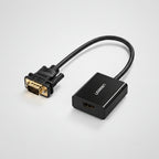 UGREEN HDMI to VGA cable adapter with a black plastic housing, a black cable, and a gold-plated VGA connector on a white background.