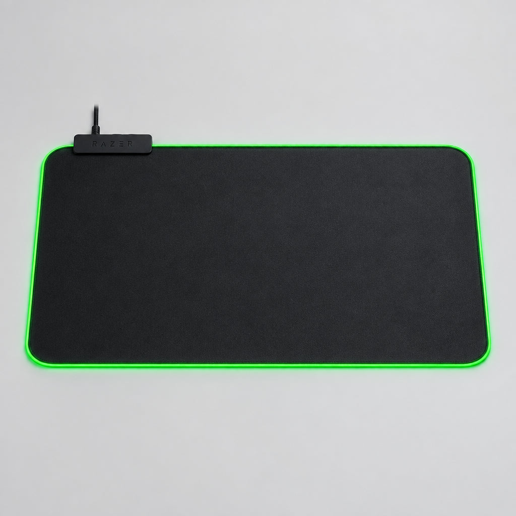 A large black gaming mouse pad with a glowing green LED border, shown against a solid black background. A small brand tag is visible in the top-left corner of the pad. الصورة الرئيسية