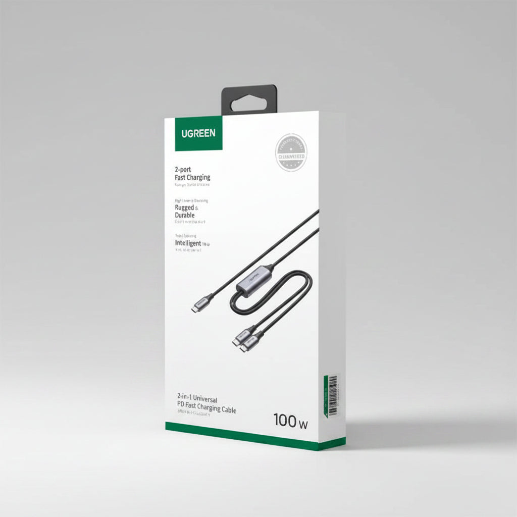 UGREEN packaging for a 2-port fast charging cable on a white background