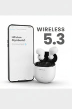 White wireless earbuds in a matching charging case shown next to a smartphone mockup with the text 'WIRELESS 5.3' on a plain white background.