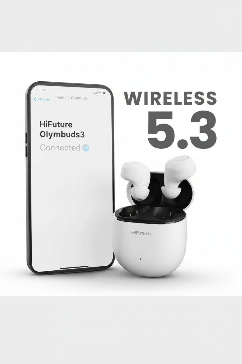 White wireless earbuds in a matching charging case shown next to a smartphone mockup with the text 'WIRELESS 5.3' on a plain white background.