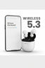 White wireless earbuds in a matching charging case shown next to a smartphone mockup with the text 'WIRELESS 5.3' on a plain white background.