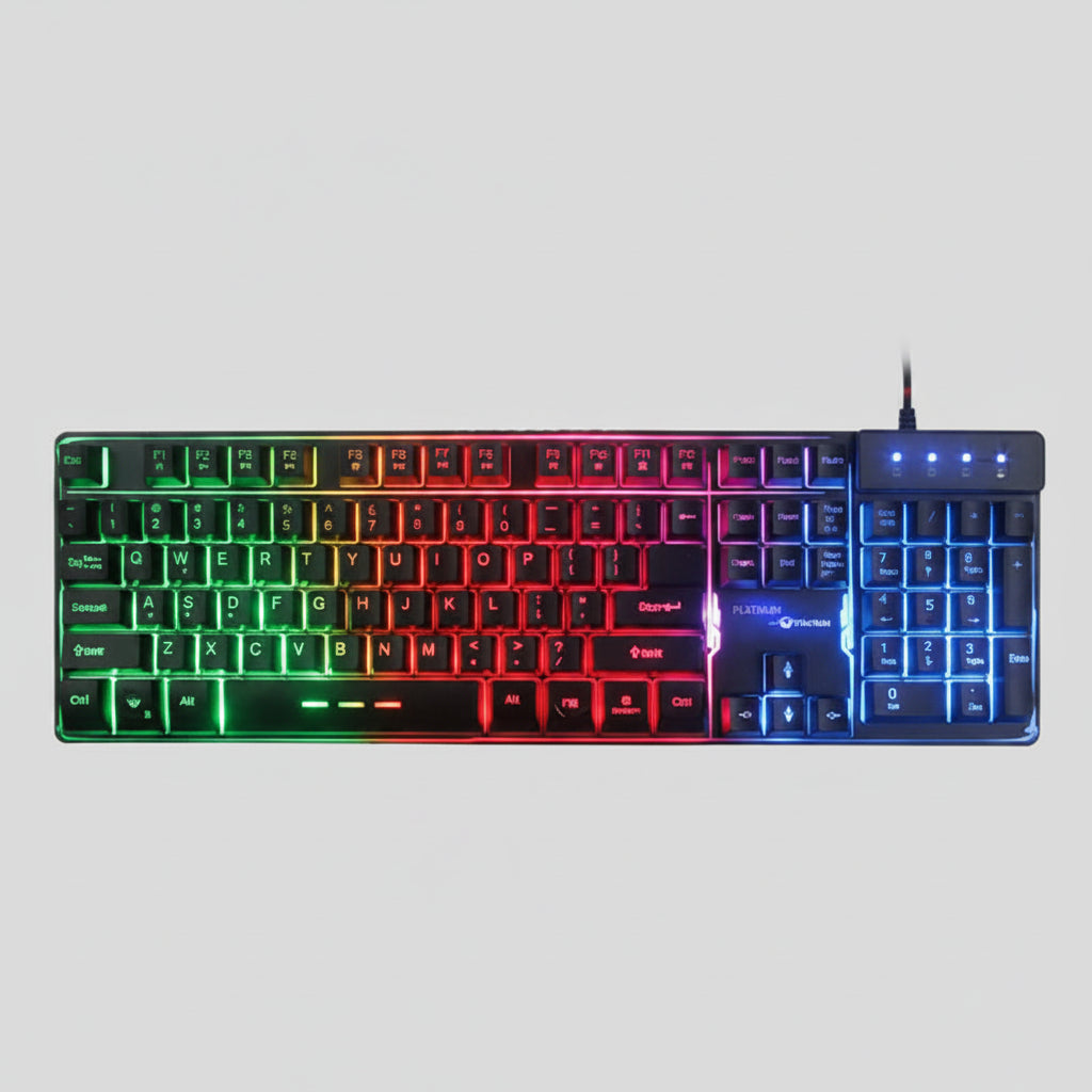 A compact mechanical gaming keyboard with RGB rainbow backlighting, featuring a numeric keypad and a small black control panel with four blue indicator lights on the top right, shown against a plain white background.