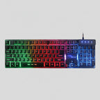 A compact mechanical gaming keyboard with RGB rainbow backlighting, featuring a numeric keypad and a small black control panel with four blue indicator lights on the top right, shown against a plain white background.
