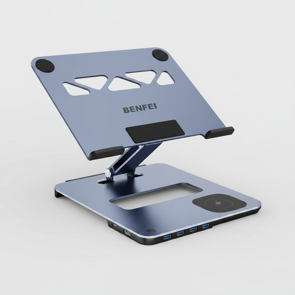 Blue laptop stand with multiple ports and BENFEI branding on a white background