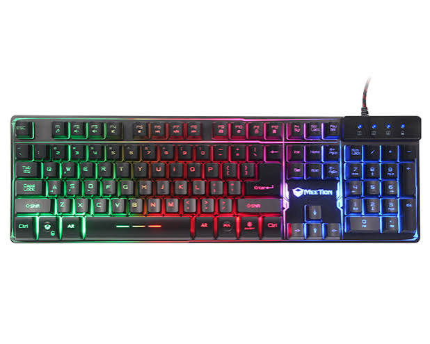 A black full-size gaming keyboard with RGB backlighting showing a rainbow gradient across the keys, featuring a numeric keypad, a dedicated media control panel on the top right, and a black cable.
