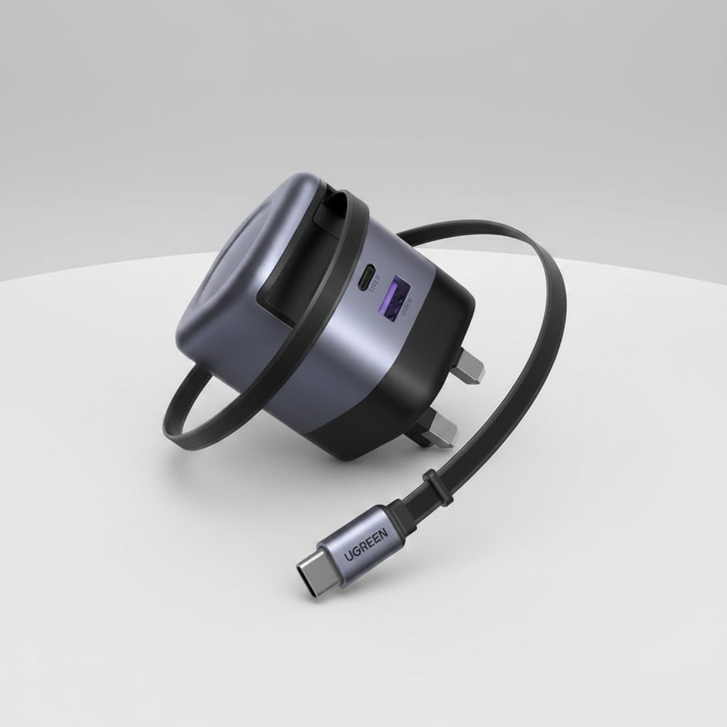 A Ugreen UK wall charger adapter with a USB-C to USB-C cable, featuring a dark gray and black design with a purple accent on the USB-A port.