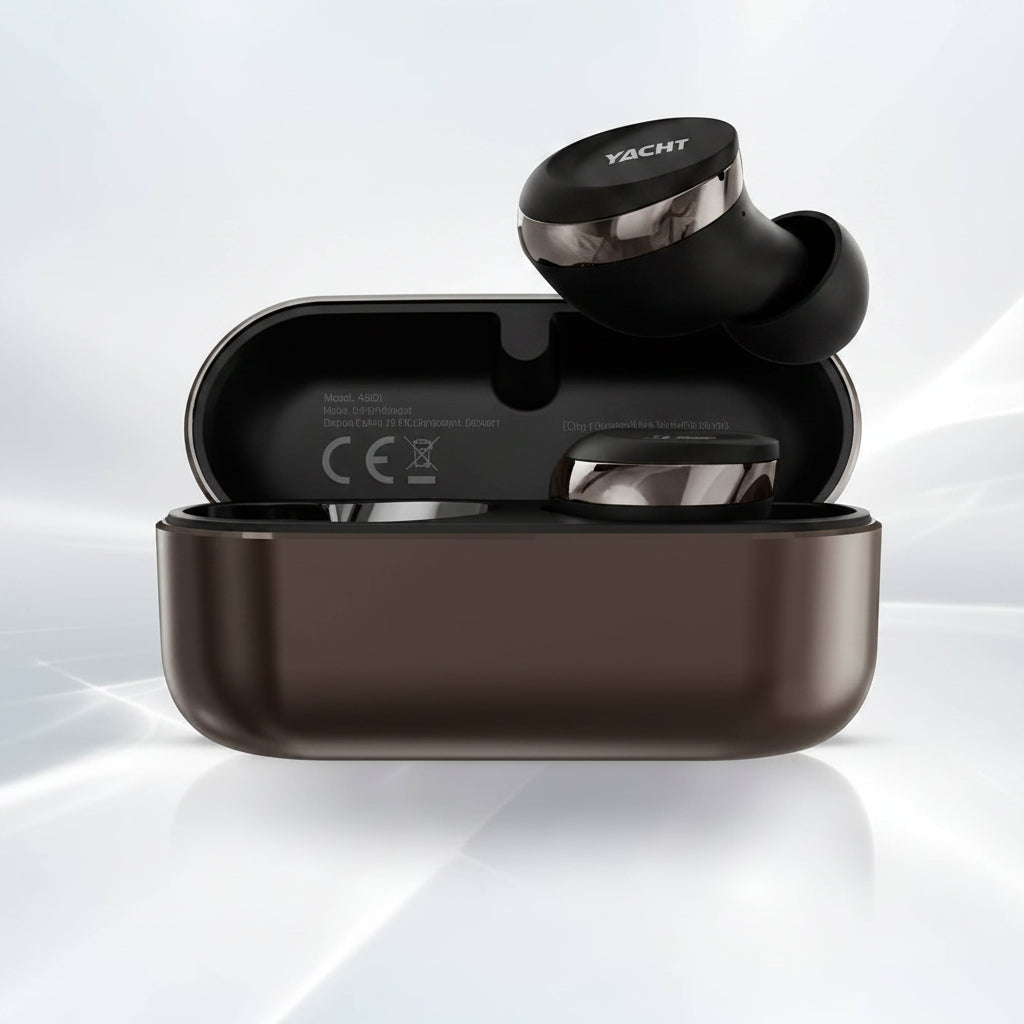 Black wireless earbuds in a charging case on a light gray background