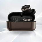 Black wireless earbuds in a charging case on a light gray background