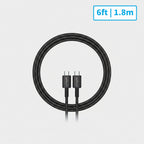 A black braided USB-C to USB-C cable shown on a white background, with a blue label in the top right reading 6ft | 1.8m.
