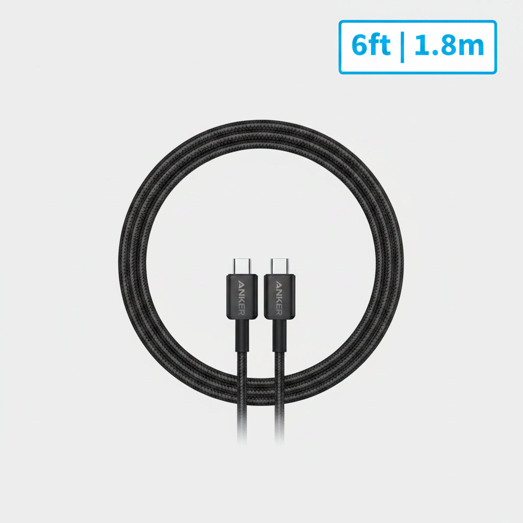 A black braided USB-C to USB-C cable shown on a white background, with a blue label in the top right reading 6ft | 1.8m.