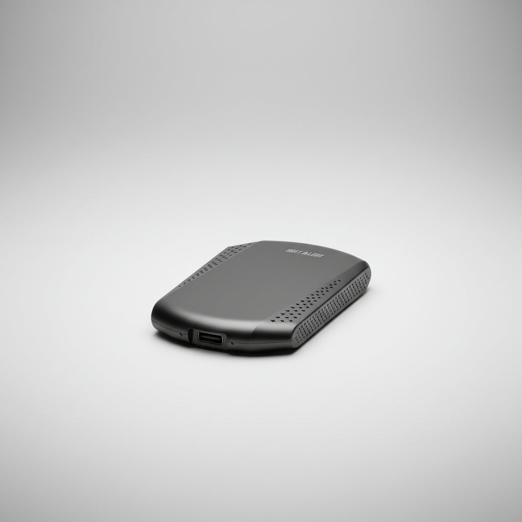 A black and dark gray portable external hard drive with a matte finish, featuring a USB port on one end and a brand logo on the other, shown on a plain white background.