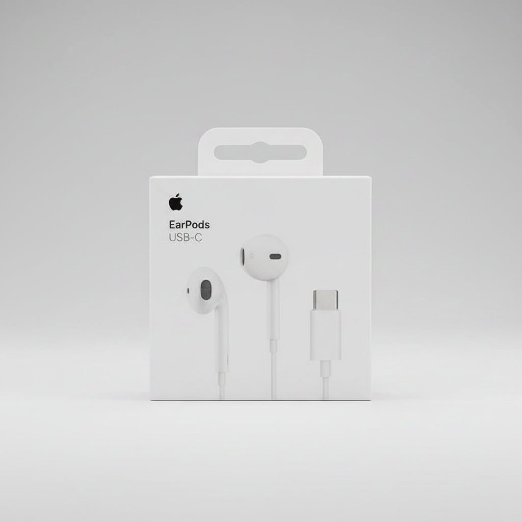Apple EarPods USB-C retail packaging box shown on a dark tabletop, with the Apple logo and product name visible on the front. Main image