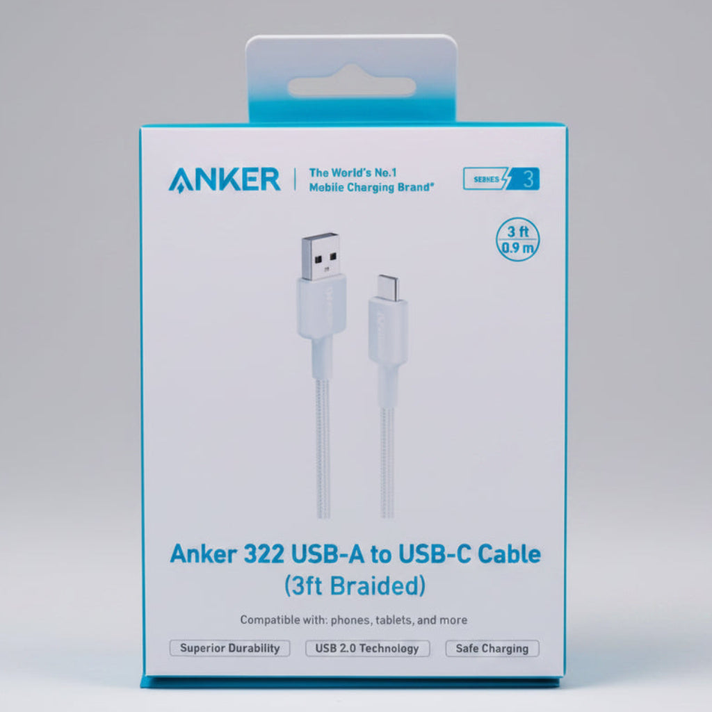 Anker 322 USB-A to USB-C cable retail packaging box, featuring a white and light blue design with product illustrations of the cable connectors. الصورة الرئيسية
