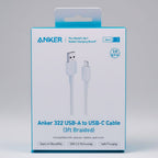 Anker 322 USB-A to USB-C cable retail packaging box, featuring a white and light blue design with product illustrations of the cable connectors.