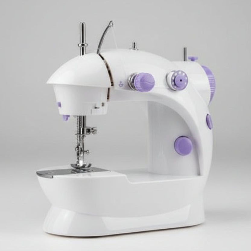 A compact white electric sewing machine with purple accents, shown on a white background with a small inset image demonstrating it sewing pink fabric under a bright light.