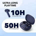 Promotional graphic for wireless earbuds showing a navy blue earbud, open charging case, and large text reading 'ULTRA-LONG PLAYTIME 10H of Listening Time' and '50H with Charging Case' on a light blue background.