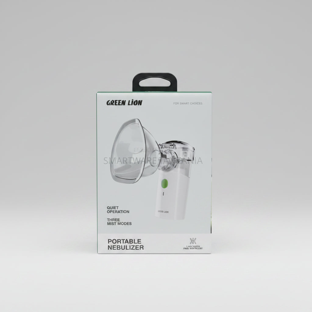 Green Lion portable nebulizer packaging box shown against a blurred sunset background, with the product pictured on the front and a carrying handle cutout at the top. Main image