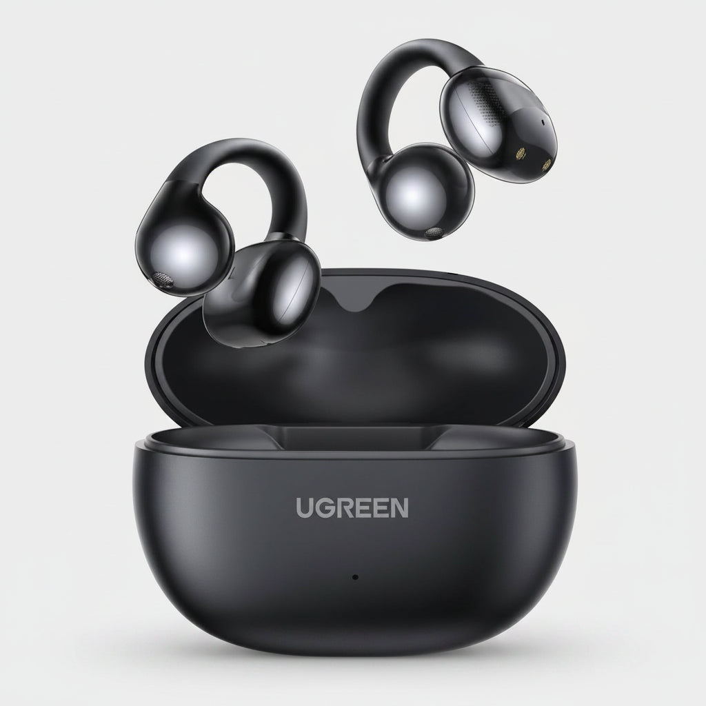 Black Ugreen wireless earbuds with charging case on a light gray background الصورة الرئيسية