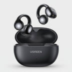 Black Ugreen wireless earbuds with charging case on a light gray background