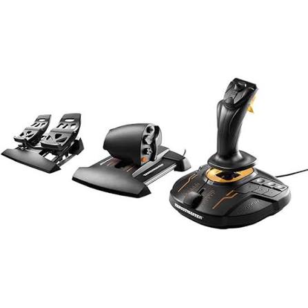Thrustmaster flight simulator controller set on a white background