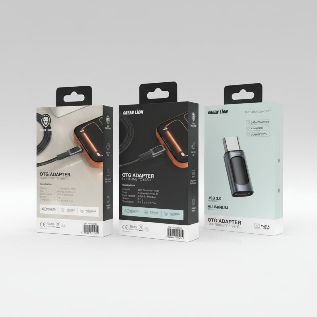 Two Green Lion OTG Adapter retail boxes shown on a clean white background, one displaying the product photo and specifications on the front, and the other showing the back with technical details and icons. Main image