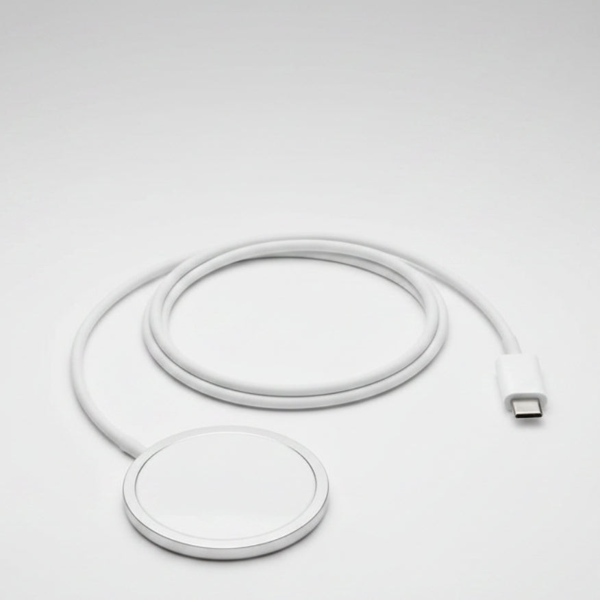A white MagSafe-compatible wireless charging cable with a round magnetic pad and a USB-C connector, shown on a clean white background. الصورة الرئيسية