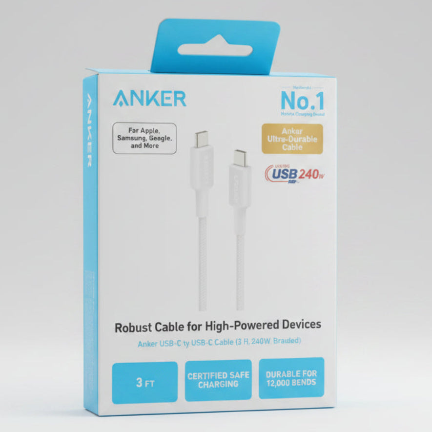 Anker USB-C to USB-C cable retail packaging box, 3 feet length, featuring a white and light blue design with product details and compatibility text. الصورة الرئيسية