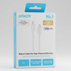 Anker USB-C to USB-C cable retail packaging box, 3 feet length, featuring a white and light blue design with product details and compatibility text.