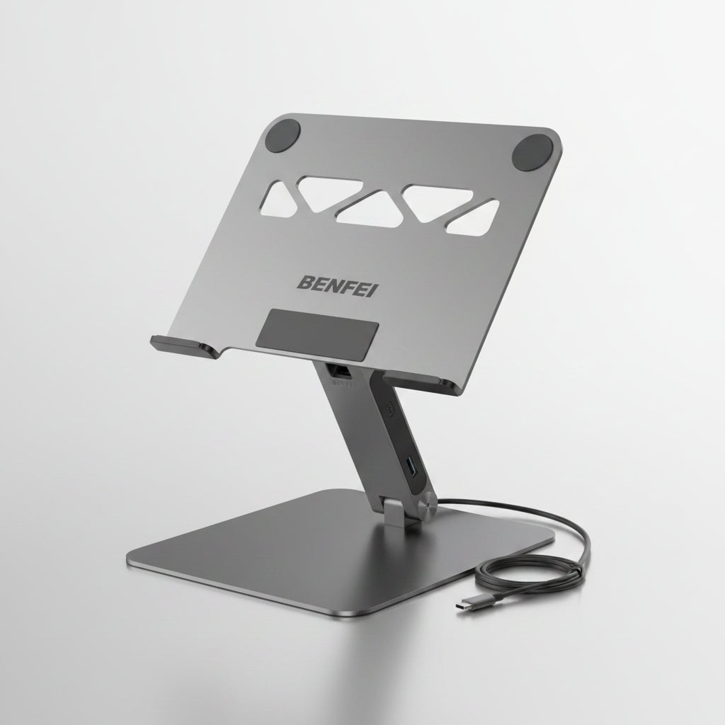 A silver metallic laptop stand with black rubber feet, shown on a light gray background with callout text highlighting features like metal hinge durability, rubber design, and ergonomic support. The brand name BENFEI is visible on the center of the stand.