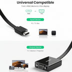 HDMI to VGA adapter cable shown on a white background with compatibility text and icons for HDMI to VGA connection, plus examples of input and output devices.