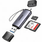 UGREEN USB-C multi-port flash drive with a USB-C to USB adapter, shown with a 64GB SD card, an SD card protector cap, and a USB-C cable on a white background.