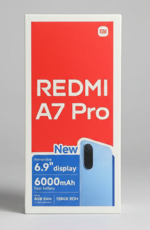 A hand holding a retail box for the Redmi A7 Pro smartphone, showing a red and blue design with text highlighting 6000mAh battery and 6.9-inch display.