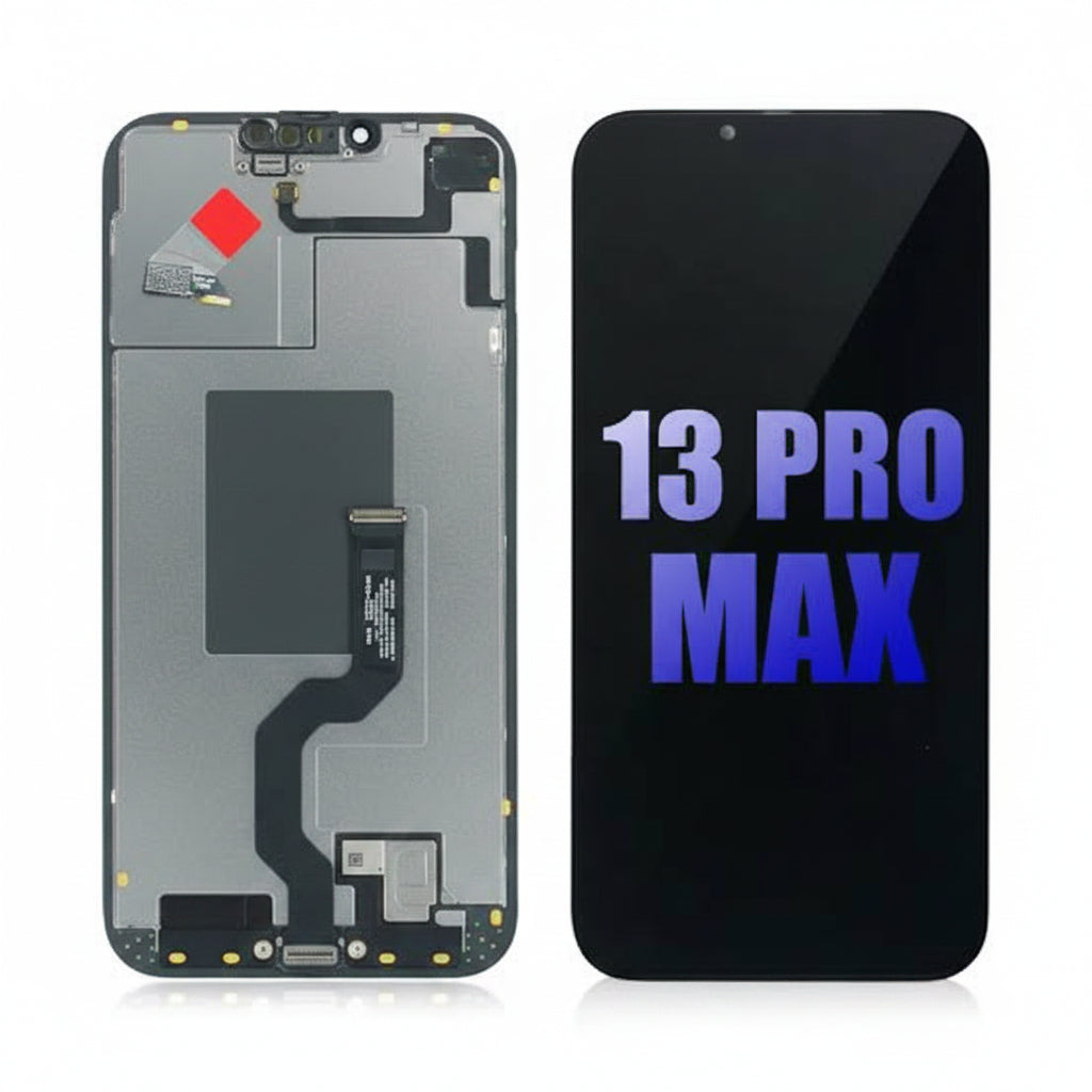 A replacement front glass screen and LCD assembly for a Samsung Galaxy 13 Pro Max, shown in two views: the bare internal frame on the left and the assembled black screen on the right with '13 PRO MAX' text on the display.
