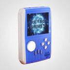 A retro-style handheld game player console in blue and off-white, featuring a screen displaying 'RETRO GAMES', a round directional pad, four action buttons, and a speaker grille on a plain white background.