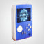 A retro-style handheld game player console in blue and off-white, featuring a screen displaying 'RETRO GAMES', a round directional pad, four action buttons, and a speaker grille on a plain white background.