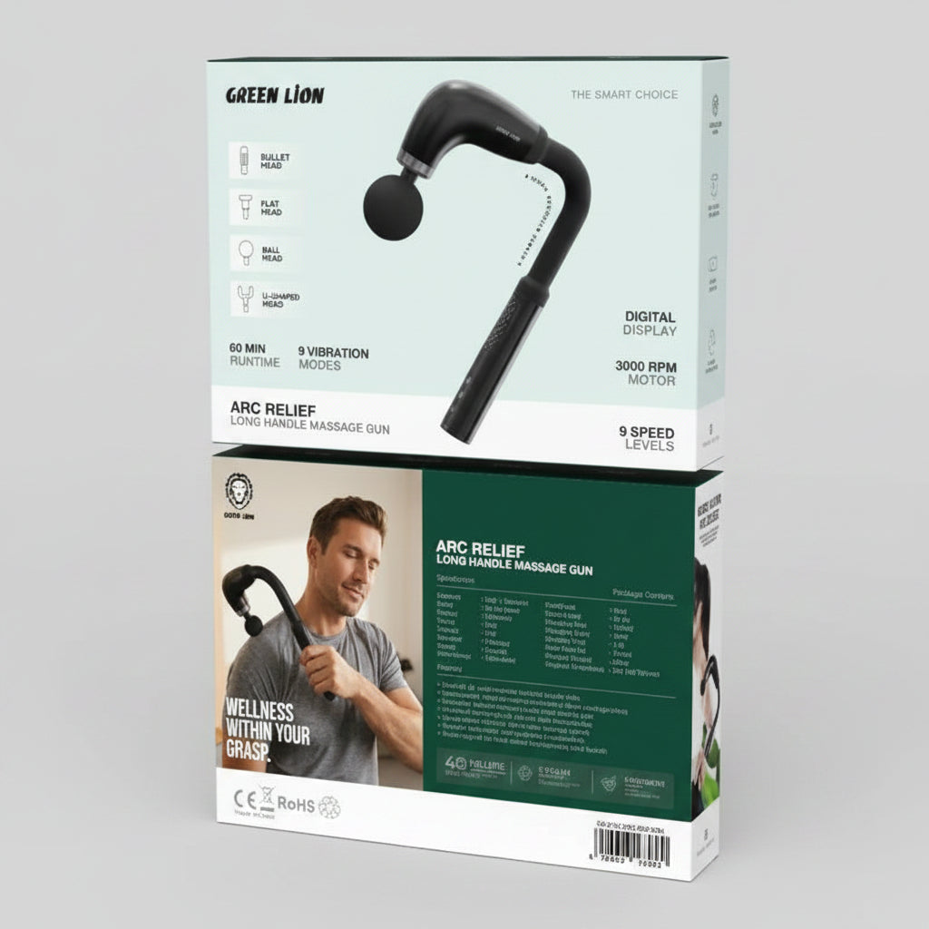 Green Lion Arc Relief Long Handle Massage Gun retail packaging box, showing the product photo, features, and specifications on a white background.