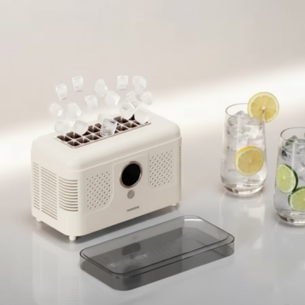 A compact white ice maker machine with a transparent lid placed in front, shown on a clean light background. Several clear ice cubes are visible above the top tray, and two glass drinks with lemon and lime slices sit to the right as styling props.