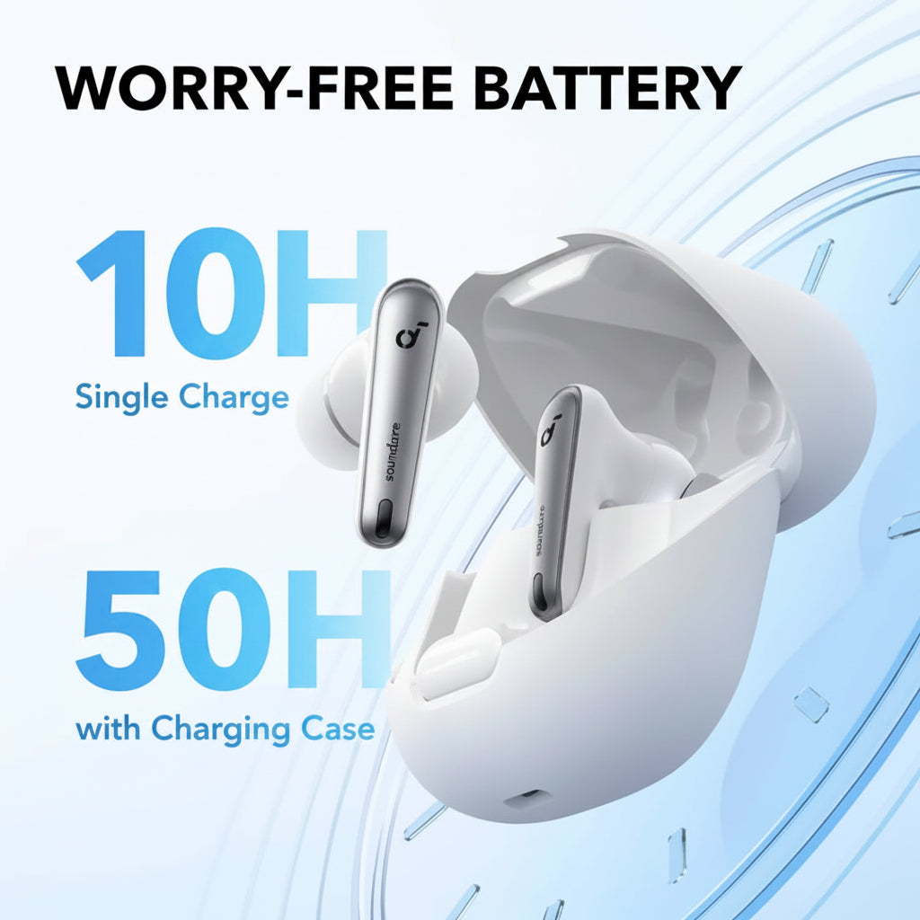 White wireless earbuds and a matching charging case shown on a light blue graphic background with text reading 'WORRY-FREE BATTERY', '10H Single Charge', and '50H with Charging Case'. الصورة الرئيسية